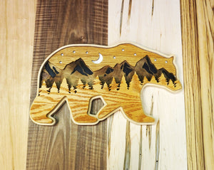 Wood Bear Wall Art with wooden inlay