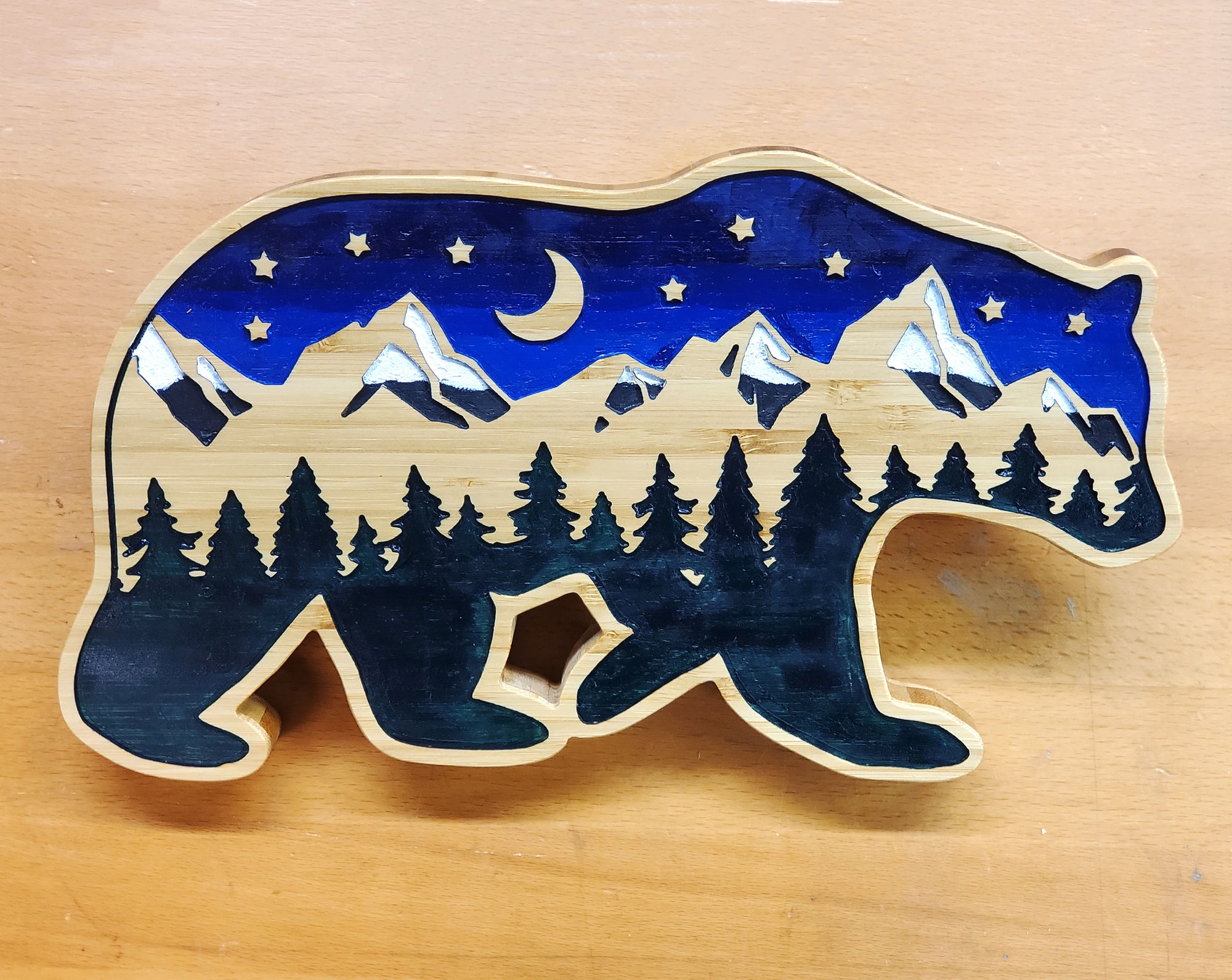 Wood Bear Wall Art with wooden inlay